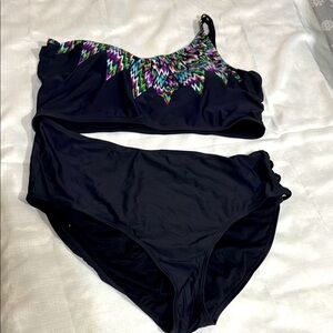(N3)Ashley Stewart Black Bikini with Vibrant Pattern,Sz 26